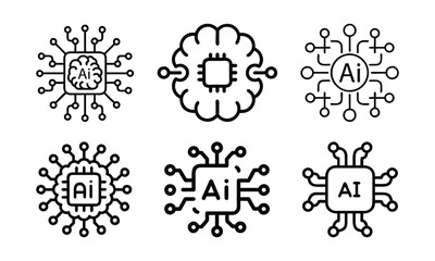 Black and white vector illustrations of AI-related icons, featuring circuit patterns, processors, and microchips symbolizing artificial intelligence and technology concepts.  
