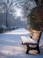 Snow-covered park bench on a winter morning, sunlight illuminating a pathway.