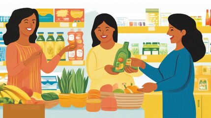 Grocery Shopping Joy. Smiling women selecting fresh produce from colorful supermarket shelves.