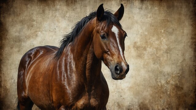 Brown horse portrait on rustic vintage stained paper texture background