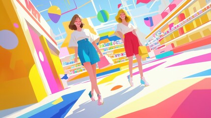 Friends Shopping Spree. Two young women laughing and enjoying a shopping trip in a colorful supermarket.