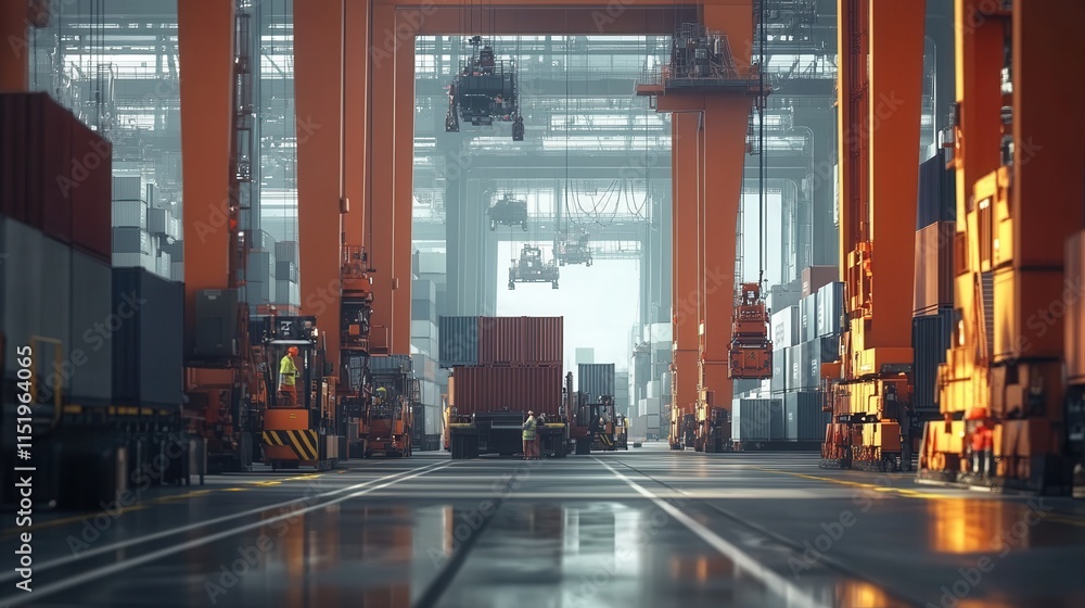 Poster dynamic shipping terminal bustling with activity, workers efficiently unloading containers, machiner