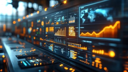 A high-tech control room showcases vibrant data analytics on large screens.