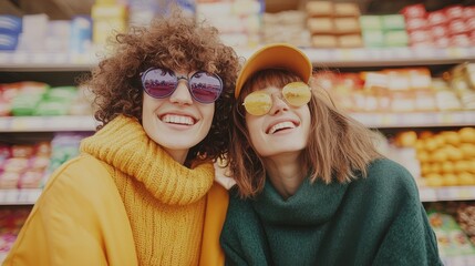 Happy Shoppers. Two young women smiling and having fun while shopping in a colorful supermarket.