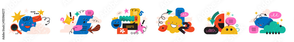 Poster abstract shapes. fun geometric elements, cute figure characters or flat geometry funny and children 
