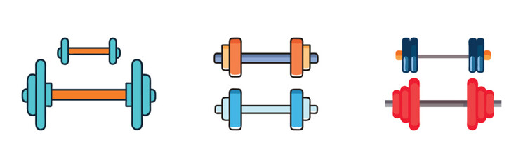 Set of colorful vector icons featuring dumbbells in various sizes and styles, ideal for fitness, gym, weightlifting, and workout-related designs.  
