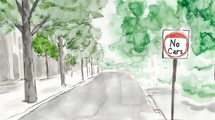 Watercolor illustration of a street with no cars sign and trees