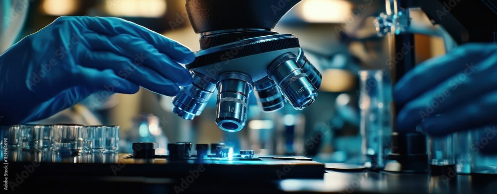 Poster close up of hands in blue gloves operating microscope in laboratory setting, showcasing precision an
