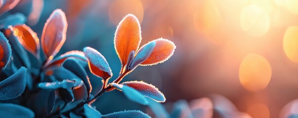 Fototapeta premium A close-up of frost-covered leaves with sunlight filtering through, symbolizing the beauty and fragility of winter nature