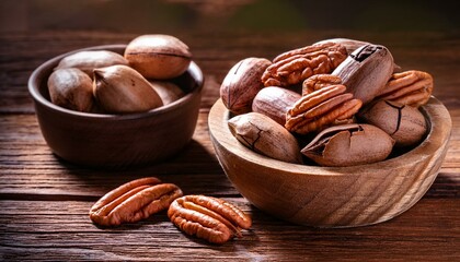 pecan nuts on a rustic wooden table and pecan nuts in bowl