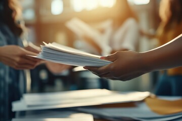 Close up of hands exchanging stack of documents in bright office setting, conveying collaboration and teamwork