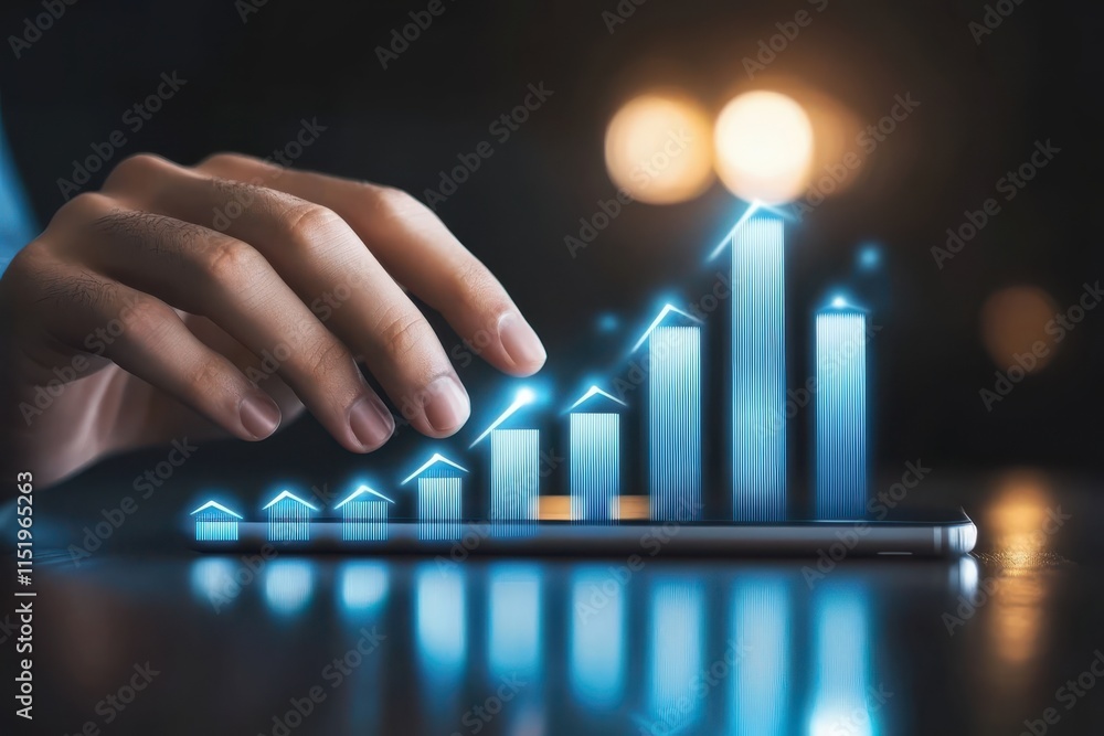 Poster businessman hand interacts with digital graph on smartphone, symbolizing growth and progress in tech
