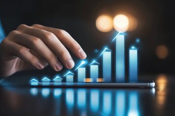 businessman hand interacts with digital graph on smartphone, symbolizing growth and progress in technology and finance. glowing bars represent data analysis and success