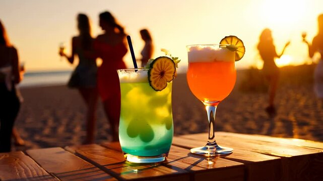 Close-up of several alcoholic cocktails on a beach bar counter and dancing people in the background. Refreshing drinks at the beach bar, where the party never stops dancing.