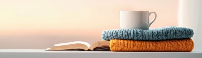 A colorful knitted sweater folded neatly next to a cup of hot cocoa and a book, evoking the essence of warmth and winter relaxation