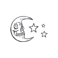 Hand drawn black and white sketchy crescent moon with skull face and star isolated on white background. Doodle skeleton head tattoo design