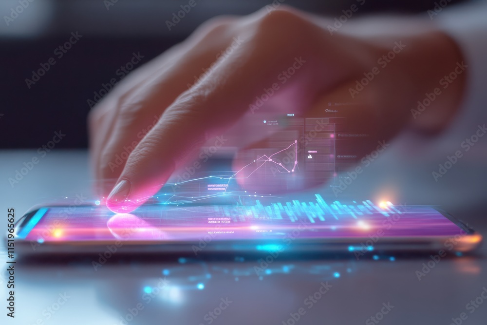 Poster businessman finger interacts with smartphone, displaying virtual data and graphs. image captures ess