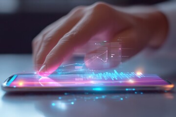 businessman finger interacts with smartphone, displaying virtual data and graphs. image captures essence of technology and innovation in modern workspace