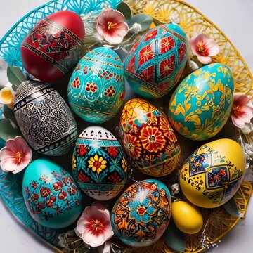Decorated Easter eggs with traditional folk patterns. Top view Easer greeting card. Motion rotation
