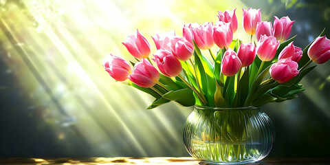 A vibrant bouquet of pink tulips in a glass vase, illuminated by soft sunlight.