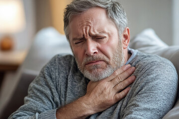 Obraz premium Middle-aged man experiencing throat pain, sitting indoors with a distressed expression, holding his neck. The image conveys discomfort, illness, or symptoms of a sore throat.