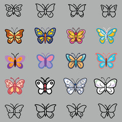 Collection of colorful and black outline vector icons featuring butterflies with intricate wing designs, ideal for nature, wildlife, garden, and artistic projects.  
