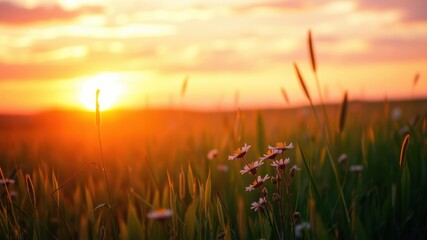 Silhouetted wildflower blossoms bathed in the warm glow of a setting sun, creating a picturesque scene of summer serenity.