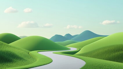 Obraz premium 3D cartoon, winding road in the grasslands with green hills and mountains in the background