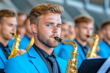 A lively group of musicians performing in a jazz band, surrounded by instruments and immersed in their music