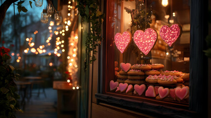 A cozy bakery window adorned with heart-shaped cookies and fairy lights, creating a warm atmosphere.
