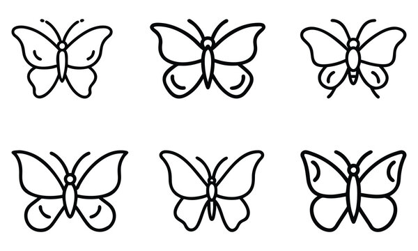 Set of black outline vector icons featuring butterfly designs in different styles, ideal for nature, wildlife, decoration, and minimalist design projects.  
