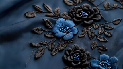 Dress Day. Intricate floral embroidery on dark fabric, showcasing elegance and detail