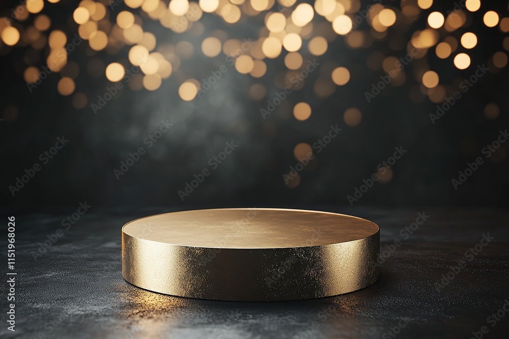 Poster 3d podium with a golden round base on a dark background with bokeh lights