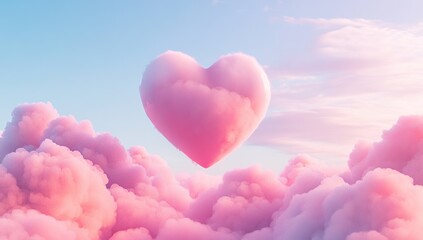 Obraz premium 3D heart floating in the sky, surrounded by pink clouds, with a pastel aesthetic