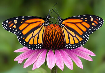 Naklejka premium Two butterflies with orange and black wings, sitting on a pink and purple flower with green leaves.