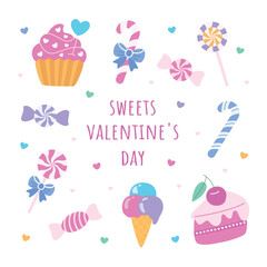 Set of Valentine's Day icons featuring sweets ice cream cupcake cake lollipops and candies