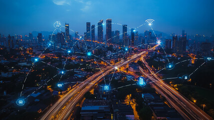 Fototapeta premium Smart digital city with connection cyber security network reciprocity over the cityscape . future smart wireless digital city and social media networking systems that connects people within the city