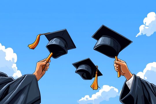 A pixel art depiction of a graduation ceremony, with tiny graduates tossing their caps in the air under a colorful, pixelated sky