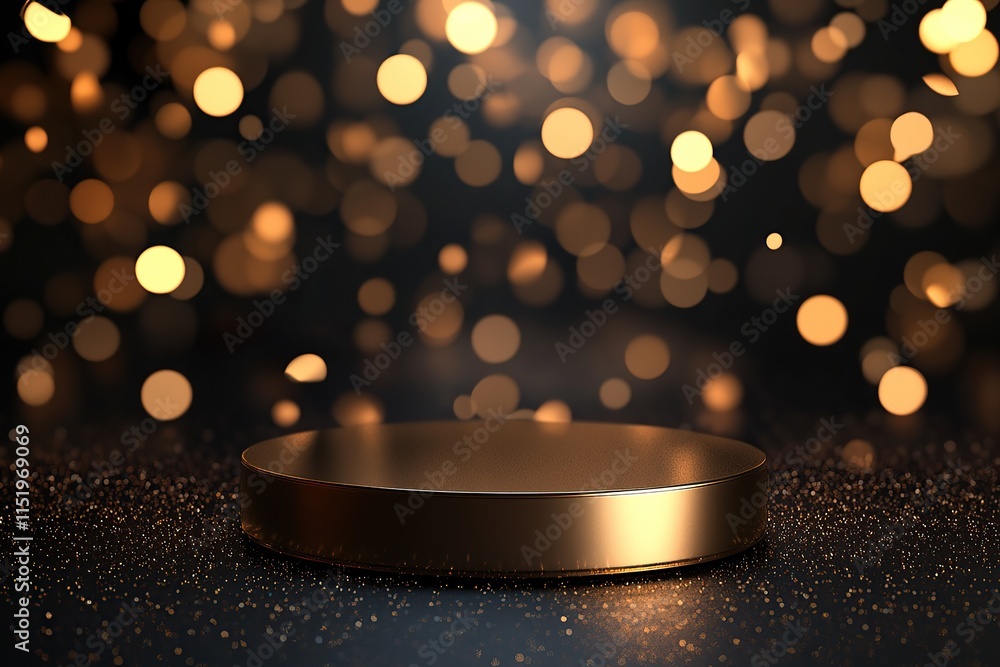Poster 3d podium with a golden round base on a dark background with bokeh lights