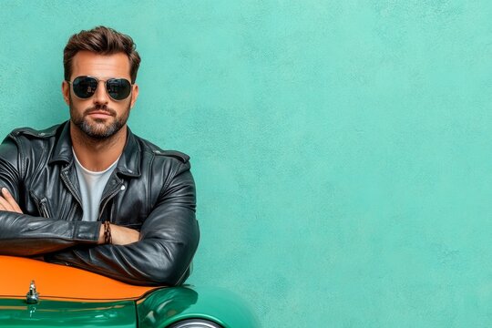A retro-style poster of a guy in a leather jacket, leaning on a classic car, designed with muted tones and vintage textures