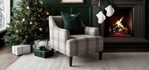 A cozy living room with a decorated tree, stockings, and a crackling fire, representing the heart of holiday celebrations