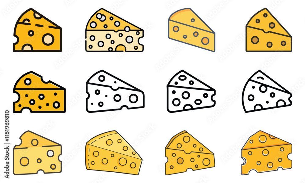 Poster collection of vector icons featuring cheese wedges in various colorful and outline styles with hole 