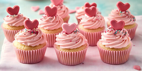 A delightful display of pink frosted cupcakes topped with heart-shaped decorations.