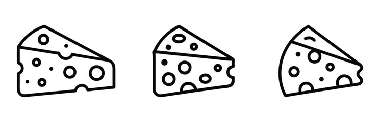 Set of black outline vector icons featuring cheese wedges with hole patterns, ideal for food, dairy, cooking, and minimalist design projects.  
