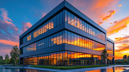 Modern Corporate Headquarters at Sunset:  A contemporary office building with expansive glass windows gleams against a vibrant sunset sky, reflecting the ambition and progress of a thriving business.