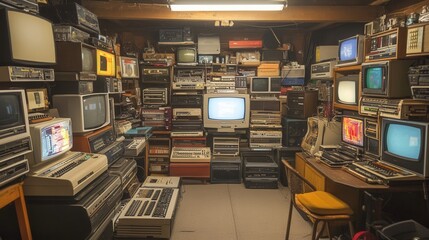 Vintage computer haven, a nostalgic garage showcasing 1980s tech startups, retro gadgets, and a treasure trove of innovation history