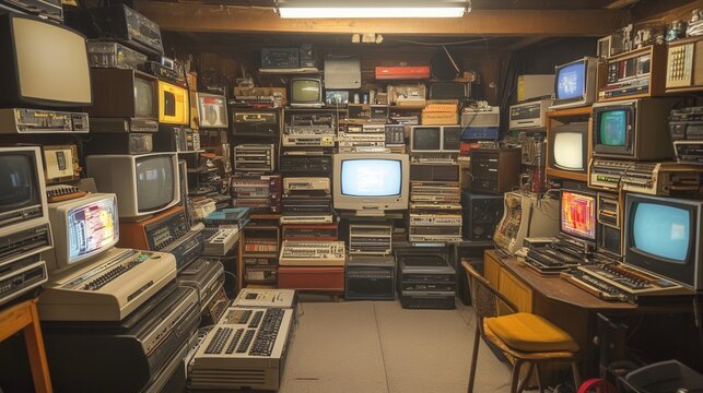 Vintage computer haven, a nostalgic garage showcasing 1980s tech startups, retro gadgets, and a treasure trove of innovation history