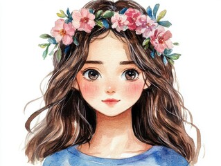 Naklejka premium Floral Crowned Girl, watercolor style, soft brown hair, blue top, gentle expression, blooming headpiece, delicate art