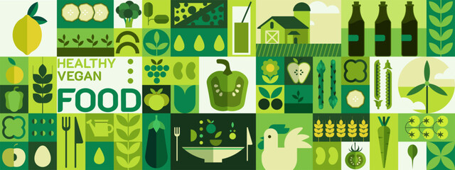 Healthy food. Abstract organic background with vegan graphic fruits and vegetables, farm drink logo. Green kitchen geometry elements. Horizontal banner. Vector flat icon isolated set © SpicyTruffel