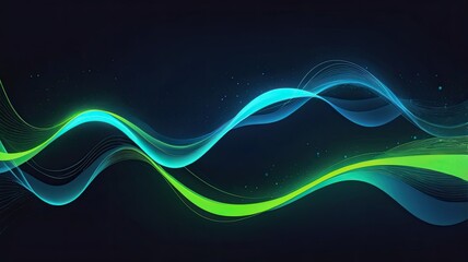 Abstract digital art featuring vibrant teal and lime green waves flowing across a dark background. A modern, dynamic design.